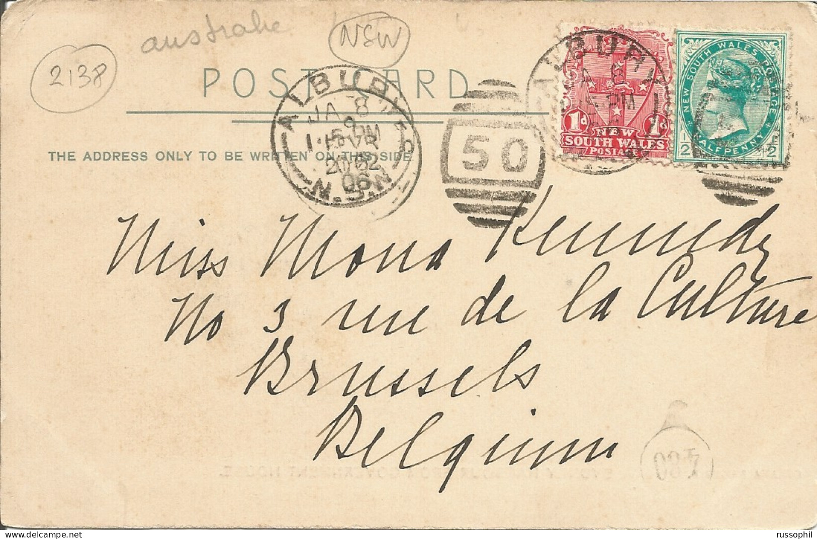 AUSTRALIA NSW - FRANKED PC (VIEW OF SYDNEY) FROM ALBURY TO BELGIUM - BARRED NUMERAL CANCEL 50 - 1906 - Covers & Documents