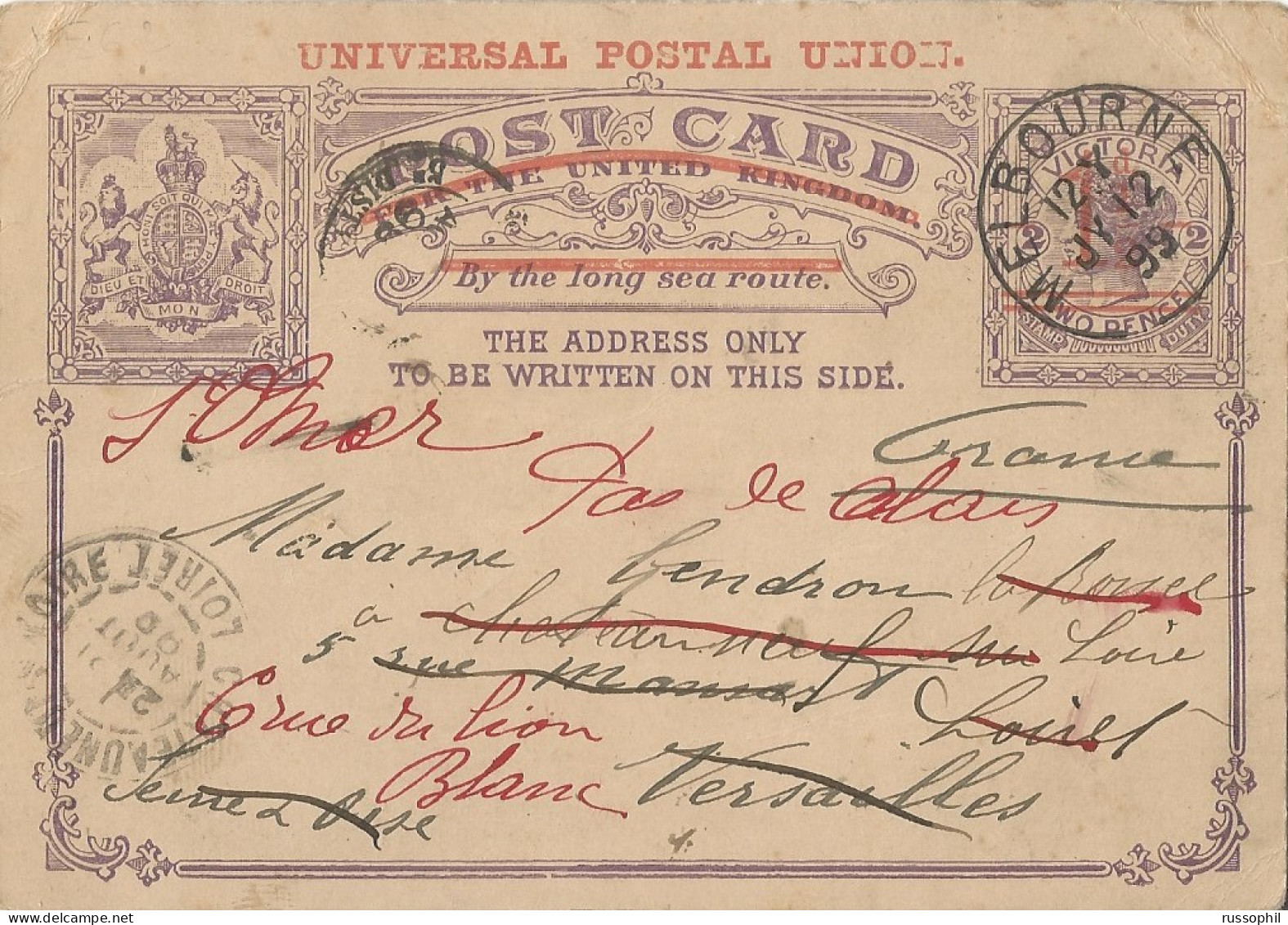AUSTRALIA VIC - POSTAL STATIONERY POST CARD 1 I/2 D OVERPRINT FROM MELBOURNE TO FRANCE - 1899 - Storia Postale