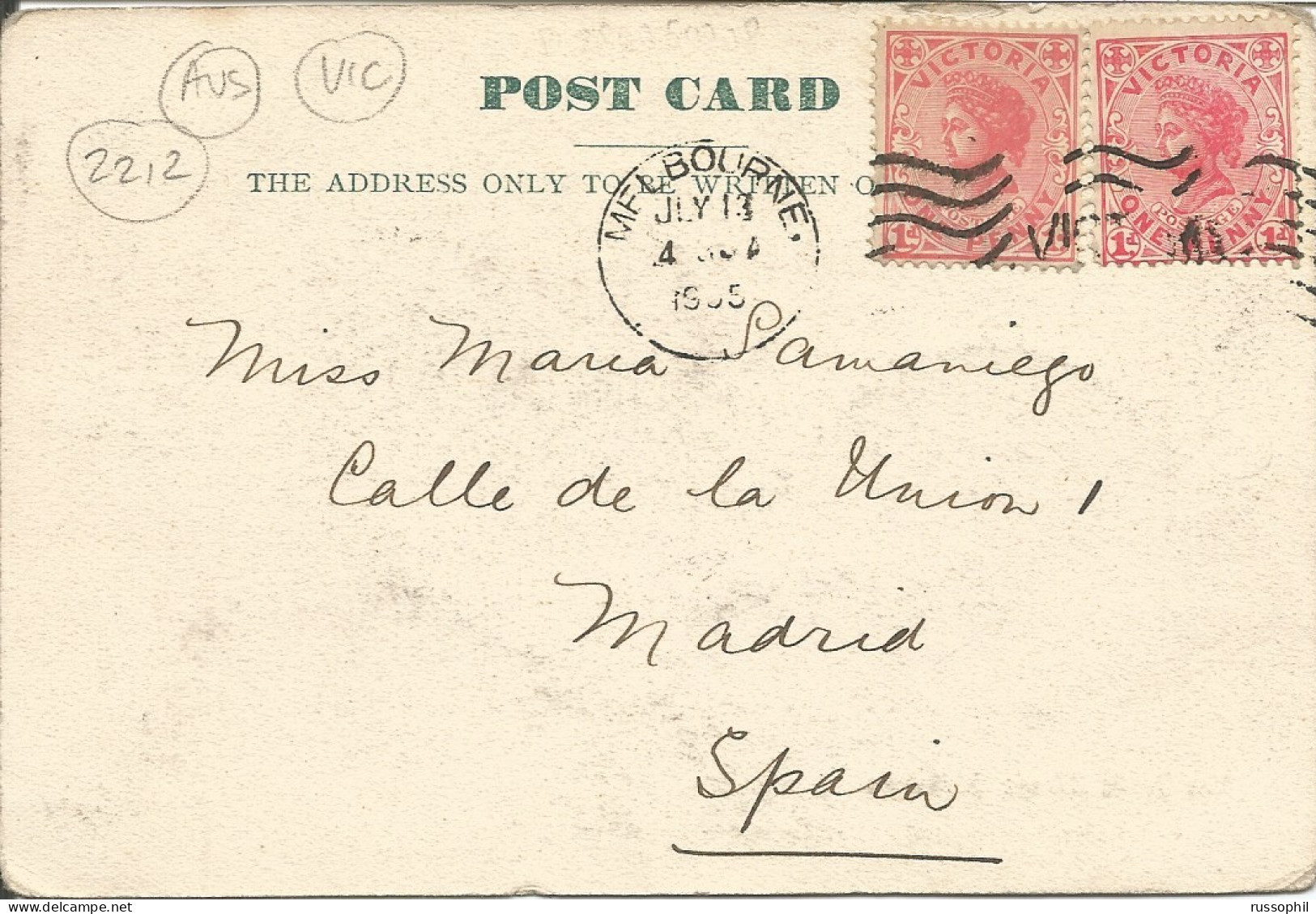 AUSTRALIA VIC - 2 DIFFERENT 1 P. STAMP FRANKING PC (VIEW OF MELBOURNE) TO SPAIN - 1905 - Covers & Documents