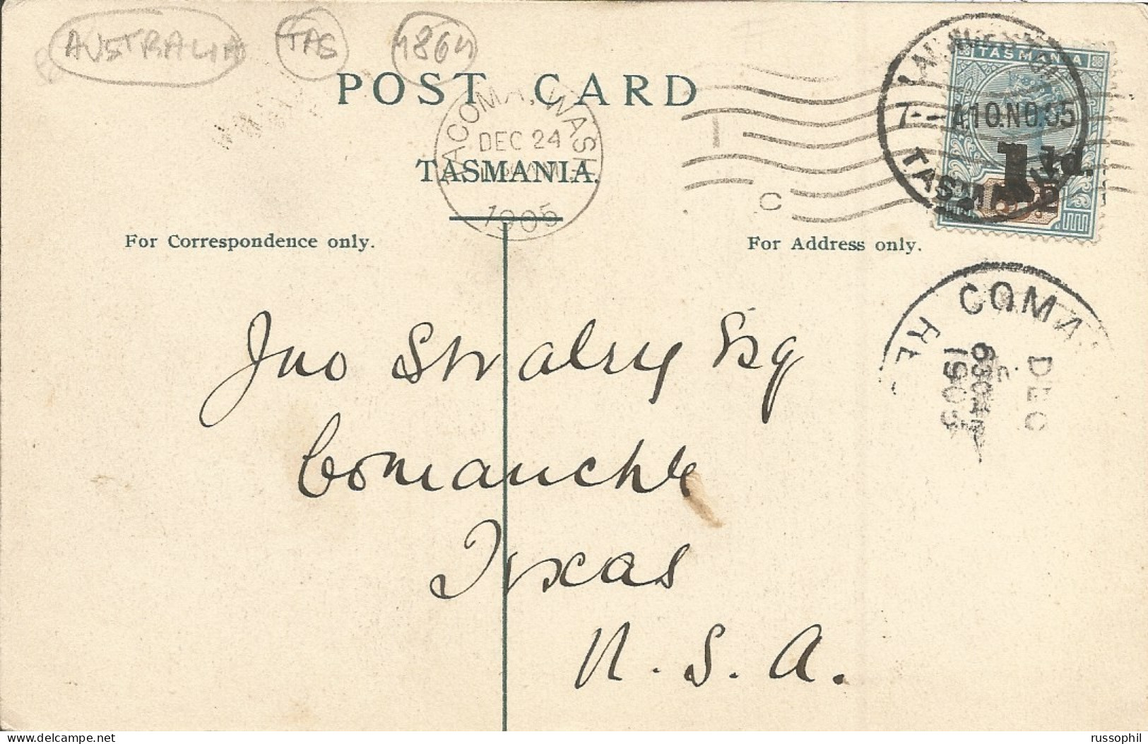 AUSTRALIA TAS - GOOD FRANKING  (Mi 74) ON PC (VIEW OF LAUNCESTON) FROM LAUNCESTON TO THE USA - 1905 - Lettres & Documents