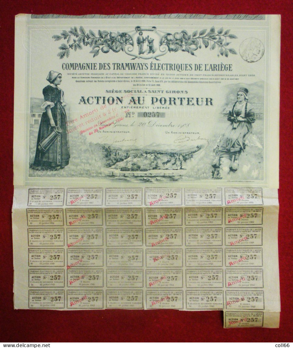 09 Ariege 1908 Action Au Porteur Compagnie Des Tramways Electriques De L'Ariège Illustrée Montreur D'Ours - Transport