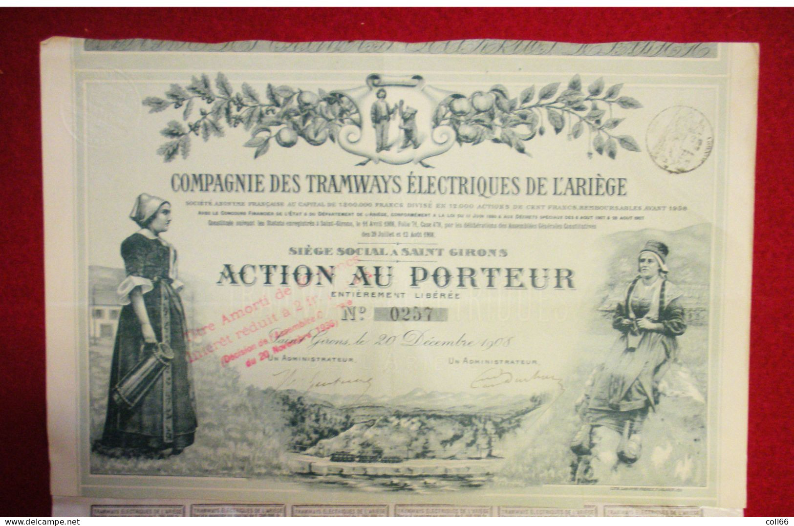 09 Ariege 1908 Action Au Porteur Compagnie Des Tramways Electriques De L'Ariège Illustrée Montreur D'Ours - Transportmiddelen