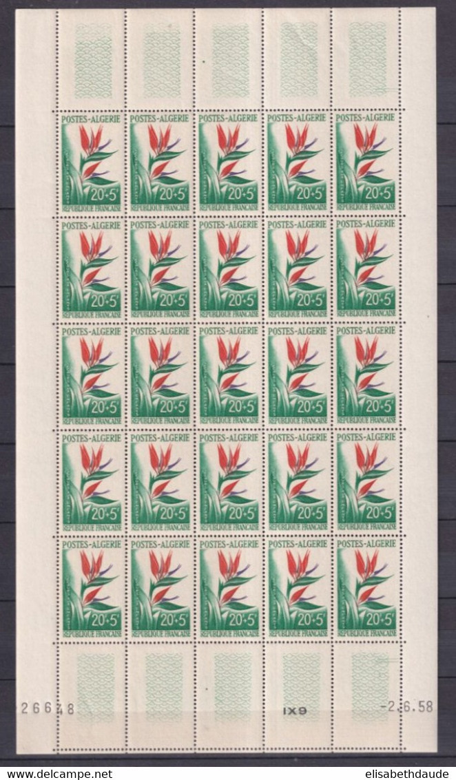 ALGERIE - 1958 - FEUILLE COMPLETE De 25 - FLORE - YVERT N° 351 ** MNH - COIN DATE - Unused Stamps