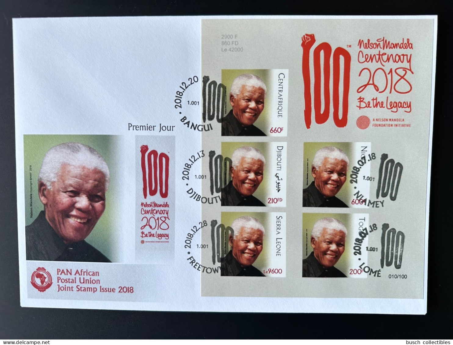 IMPERF ND FDC Djibouti Central Africa Togo Sierra Leone Niger 2018 PAN African Postal Union Nelson Mandela Madiba - Togo (1960-...)