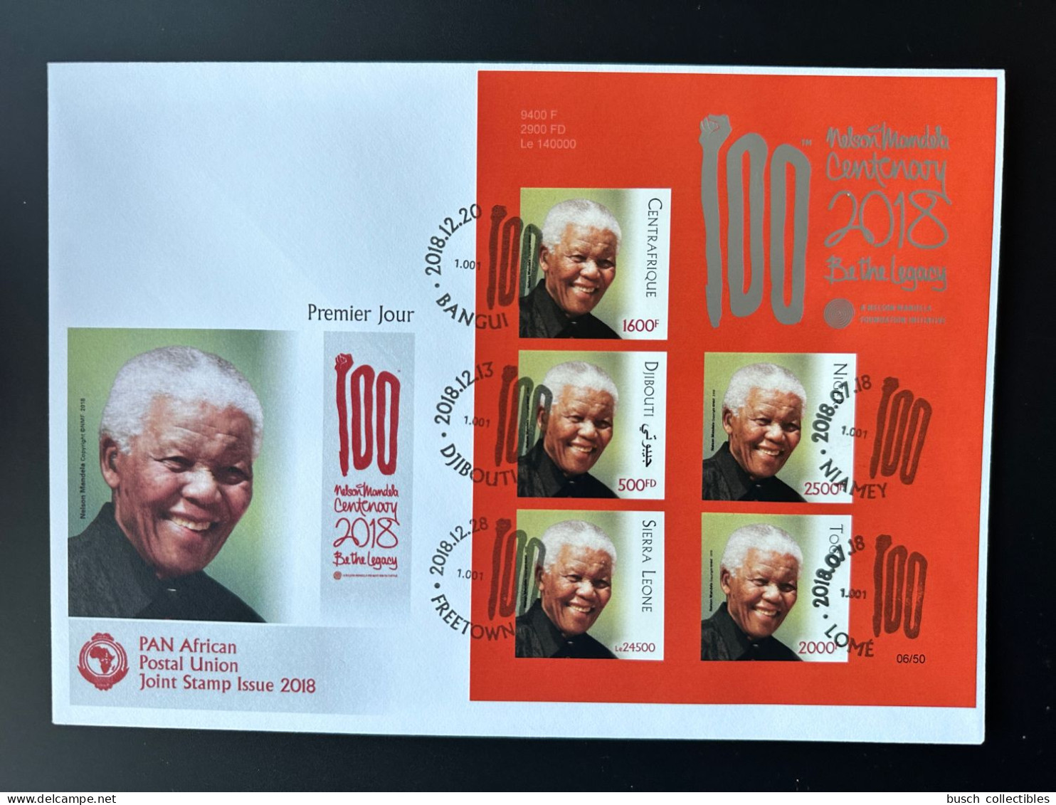 IMPERF ND FDC Djibouti Central Africa Togo Sierra Leone Niger 2018 PAN African Postal Union Nelson Mandela Madiba - Centrafricaine (République)