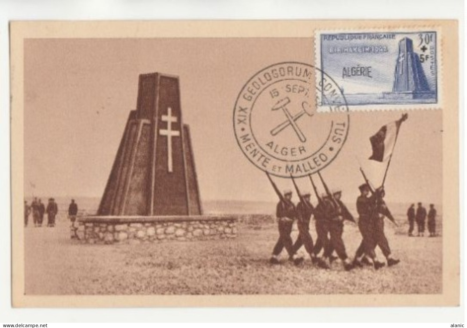 Carte-Maximum ALGERIE N°Yvert 299 / Cérémonie D'inauguration Du Cimetière De Bir-Hakeim= XIX GEOLOGORUM-ALGER  15-9-52 - Maximumkarten