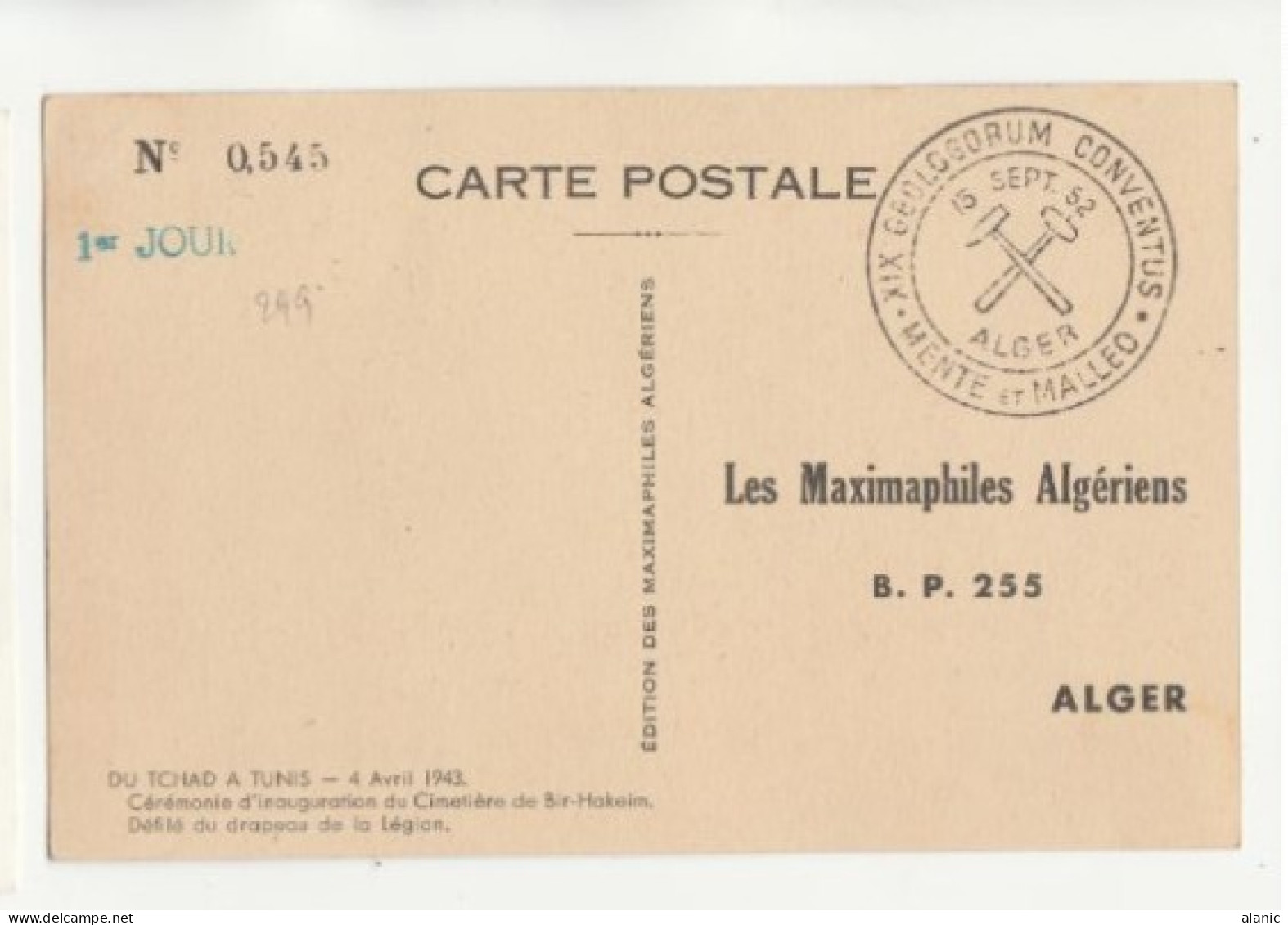 Carte-Maximum ALGERIE N°Yvert 299 / Cérémonie D'inauguration Du Cimetière De Bir-Hakeim= XIX GEOLOGORUM-ALGER  15-9-52 - Maximumkarten