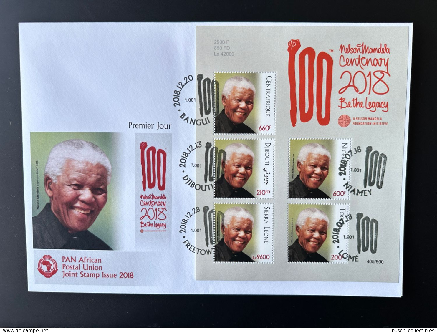 Siamese Joint Issue 2018 FDC PAN African Postal Union Nelson Mandela Madiba 100 Years Djibouti Togo Sierra Leone Niger - Emisiones Comunes