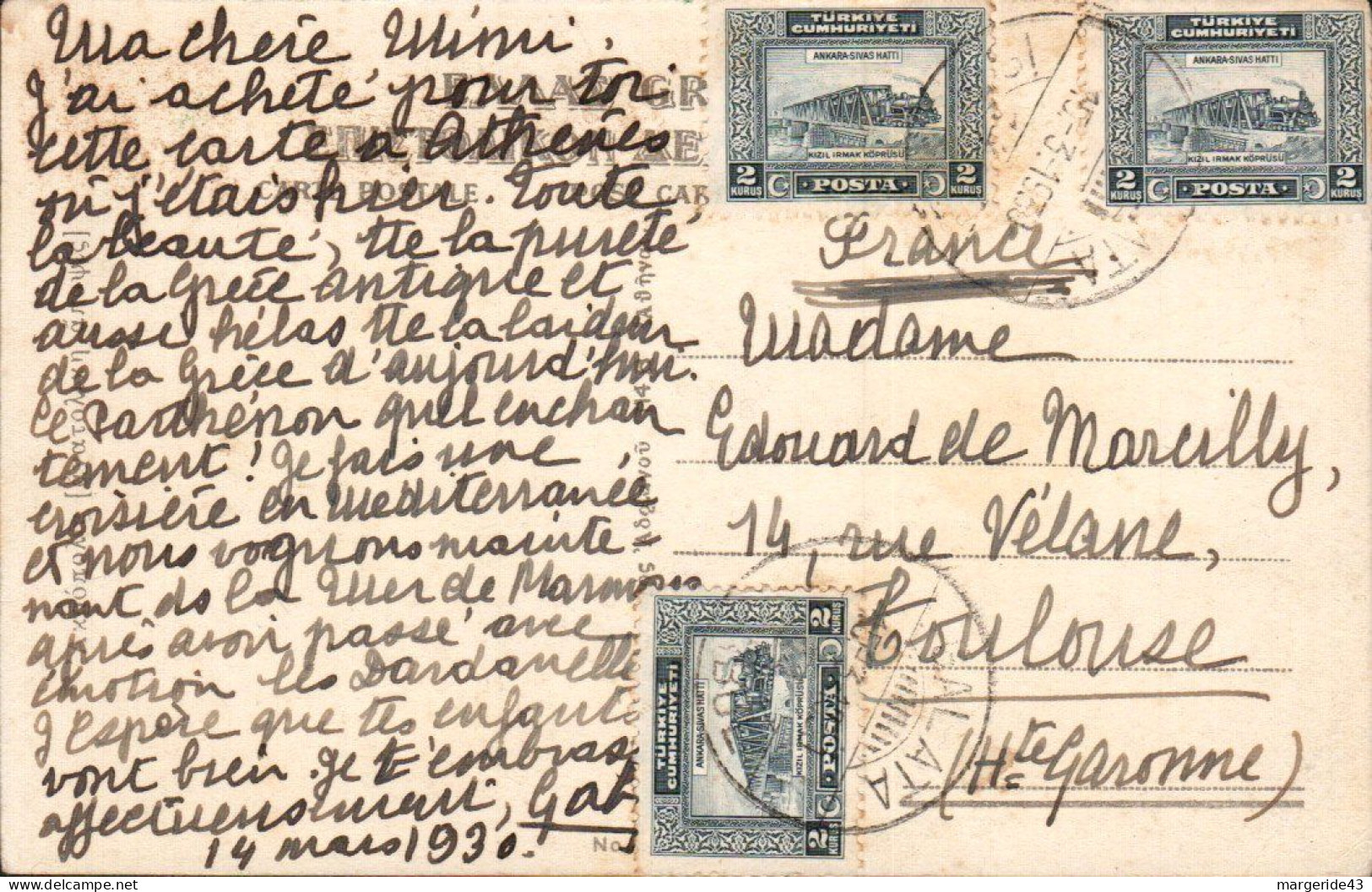 TURQUIE AFFRANCHISSEMENT COMPOSE SUR CARTE DE GALATA POUR LA FRANCE 1930 - Briefe U. Dokumente
