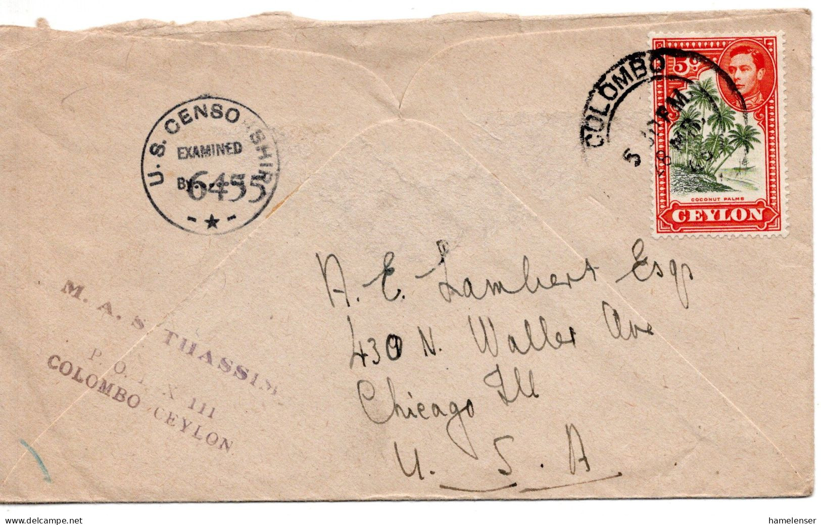 67715 - Ceylon - 1943 - 5c KGVI EF A Doppelt Gebr Bf COLOMBO -> Chicago, IL (USA), M US-Zensurstpl - Ceilán (...-1947)