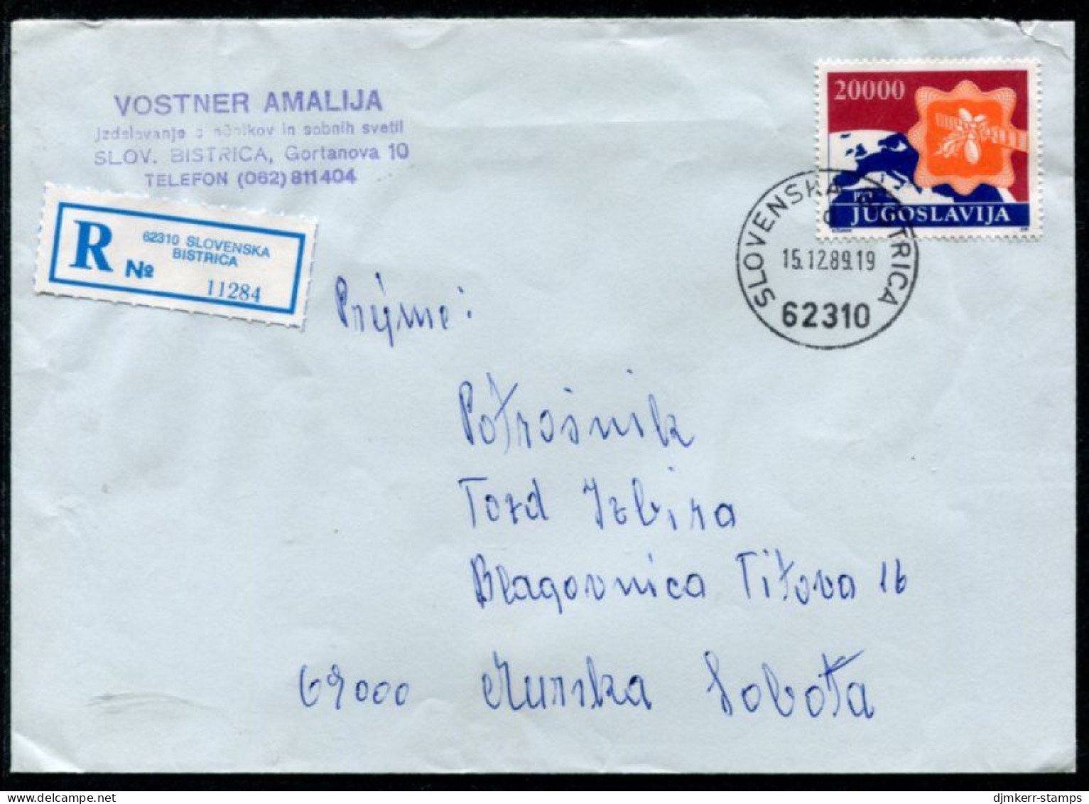 YUGOSLAVIA 1989 Registered Cover Franked With Postal Services 20000 D Single Franking    Michel 2362 - Briefe U. Dokumente