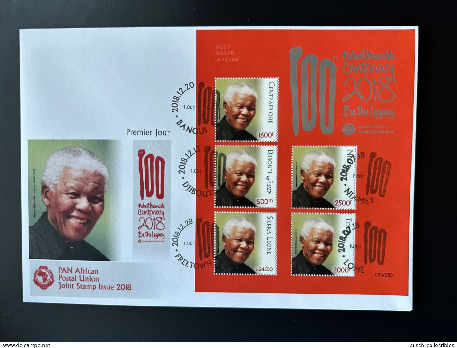 Djibouti Central Africa Togo Sierra Leone Niger FDC 2018 PAN African Postal Union Nelson Mandela Madiba 100 Years Red - Togo (1960-...)