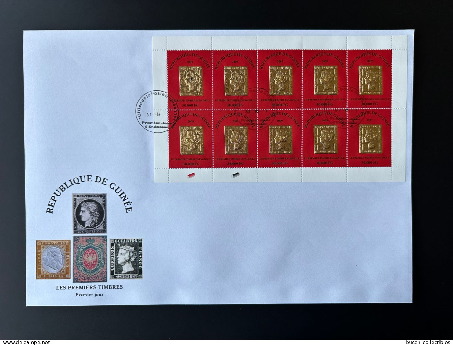 Guinée Guinea 2009 Mi. 6718 FDC Kleinbogen Feuillet Premier Timbre Espagnol First Spanish Stamp On Stamp Gold Or - Postfris – Scharnier