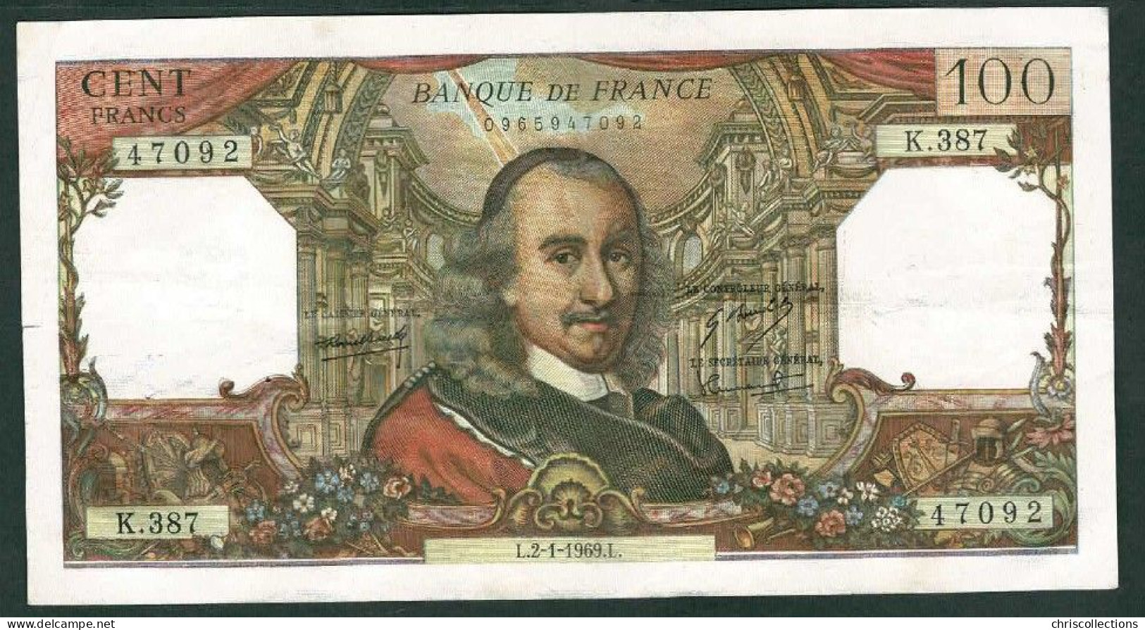 FRANCE - 100 Francs Corneille - 2/1/1969 - TTB+ - 1 Fente 2mm - F. : 65/25 - N° De Billet : 47092 - 100 F 1964-1979 ''Corneille''