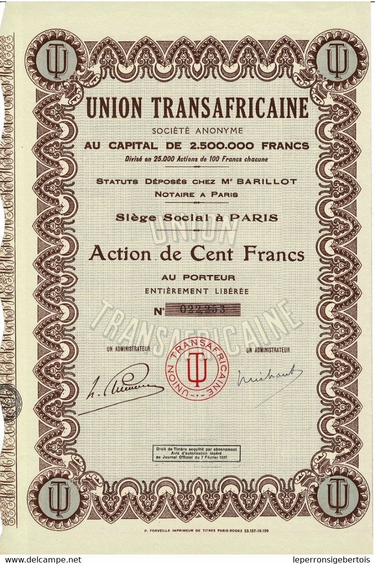 Titre De 1931 - Union Transafricaine - N° 022254 - Africa