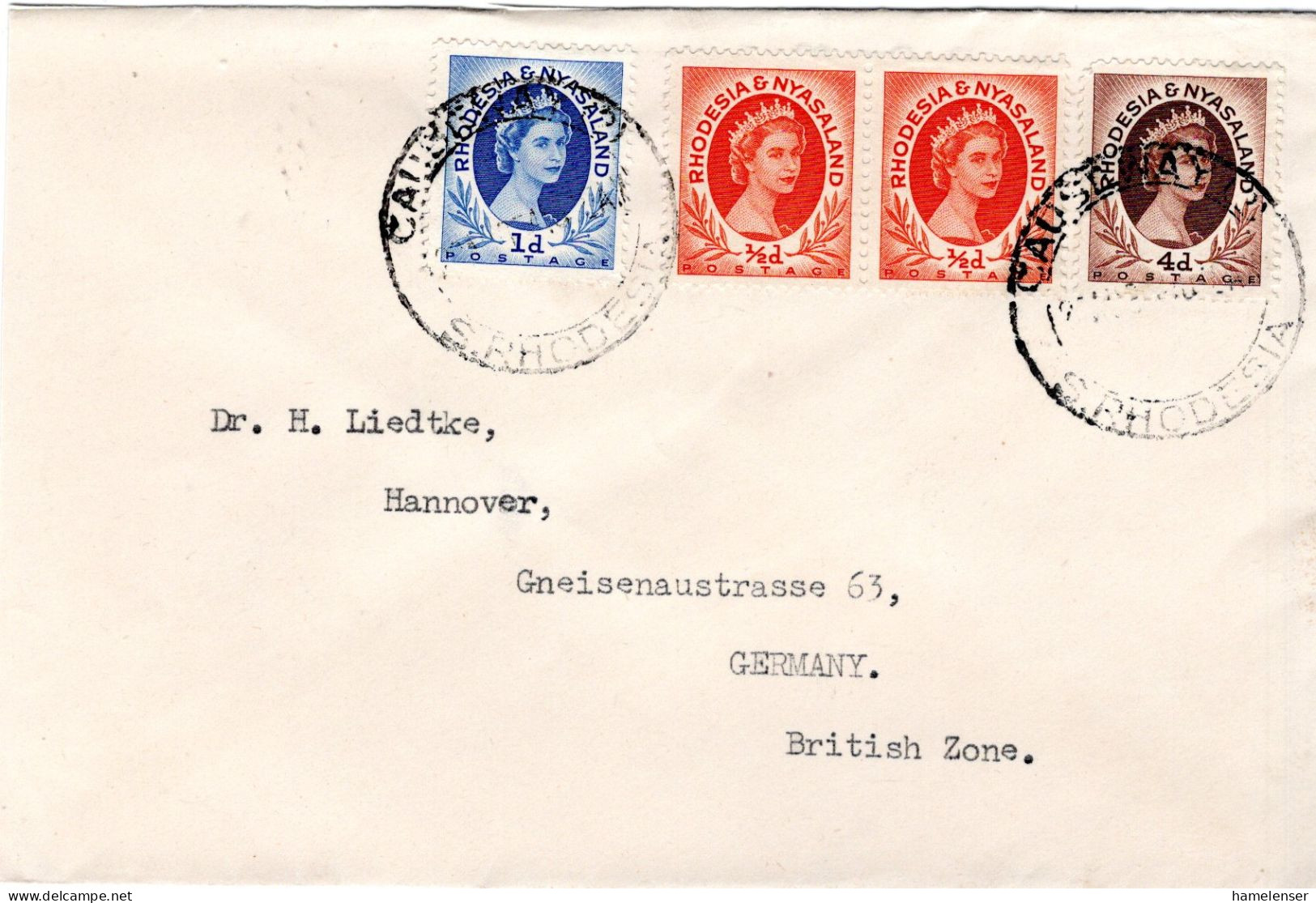 67722 - Rhodesien & Nyasaland - 1954 - 4d QEII MiF A Bf CAUSEWAY -> Westdeutschland - Rhodesia & Nyasaland (1954-1963)