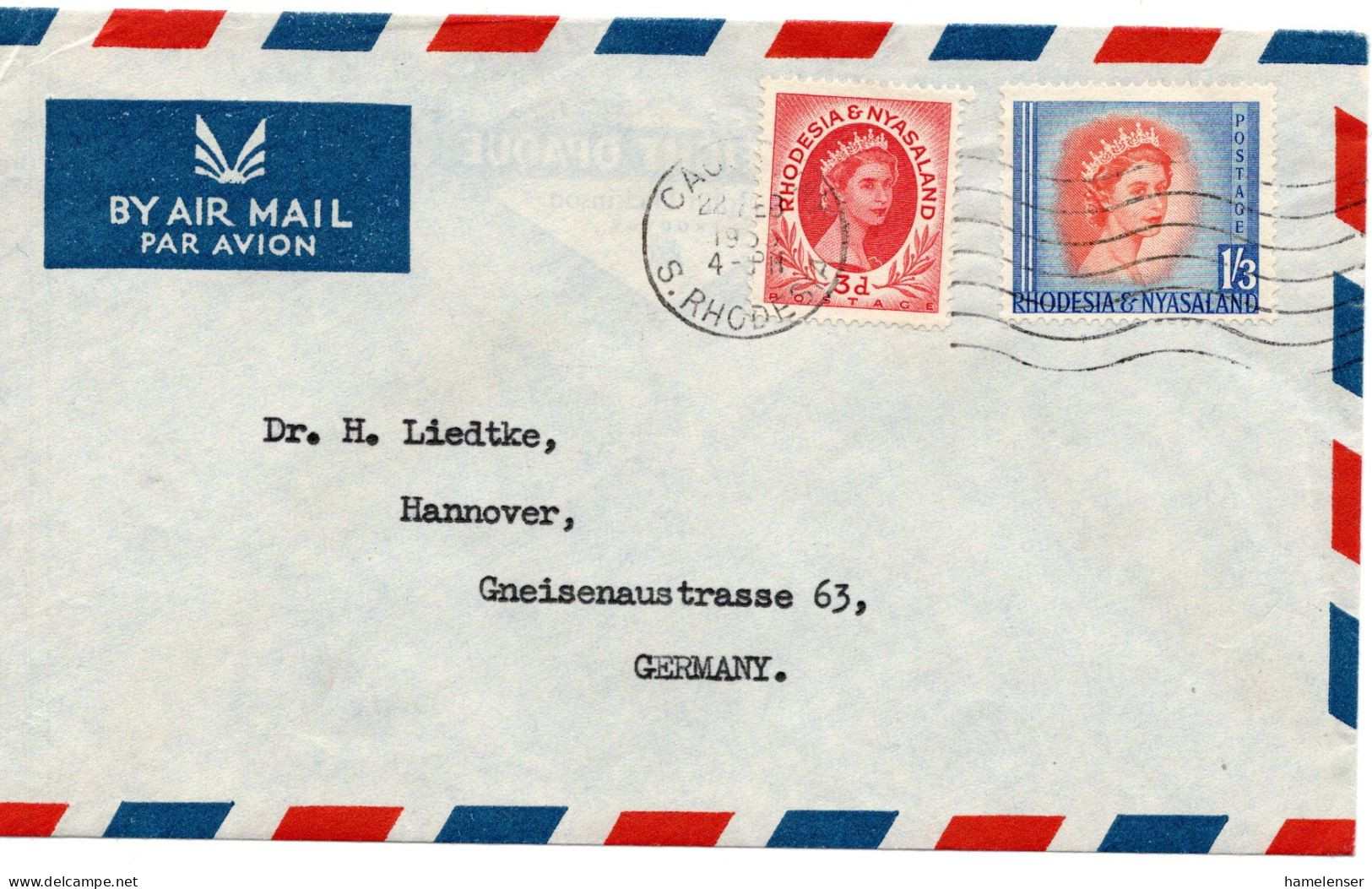 67723 - Rhodesien & Nyasaland - 1963 - 1'3 QEII MiF A LpBf CAUSEWAY -> Westdeutschland - Rhodésie & Nyasaland (1954-1963)