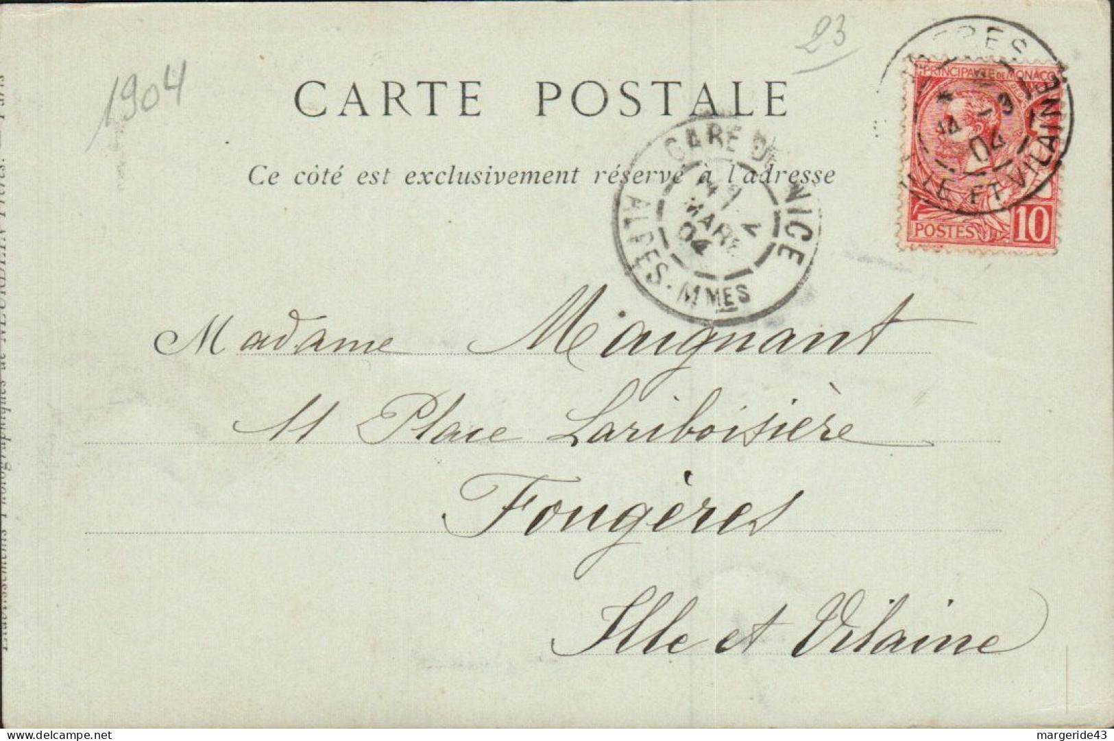 MONACO  CARTE POUR LA FRANCE 1904 - Briefe U. Dokumente