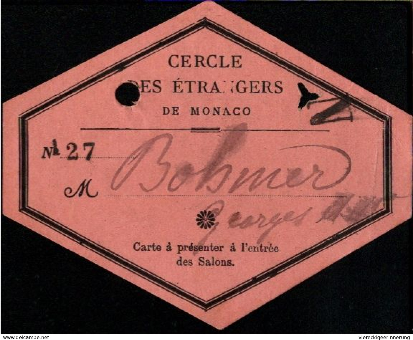 ! 1903 Cercle Des Etrangers De Monaco, Mitgliedskarte, Ausweis - Brieven En Documenten