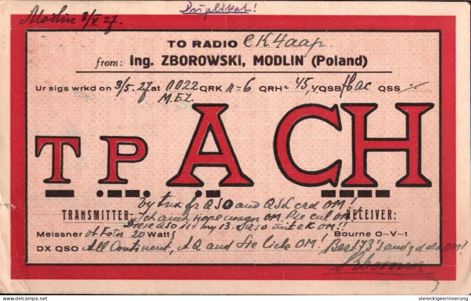 ! Frühe QSL Radio Karte 1927 From Modlin, Warszawa, Polen Nach Plauen - Pologne