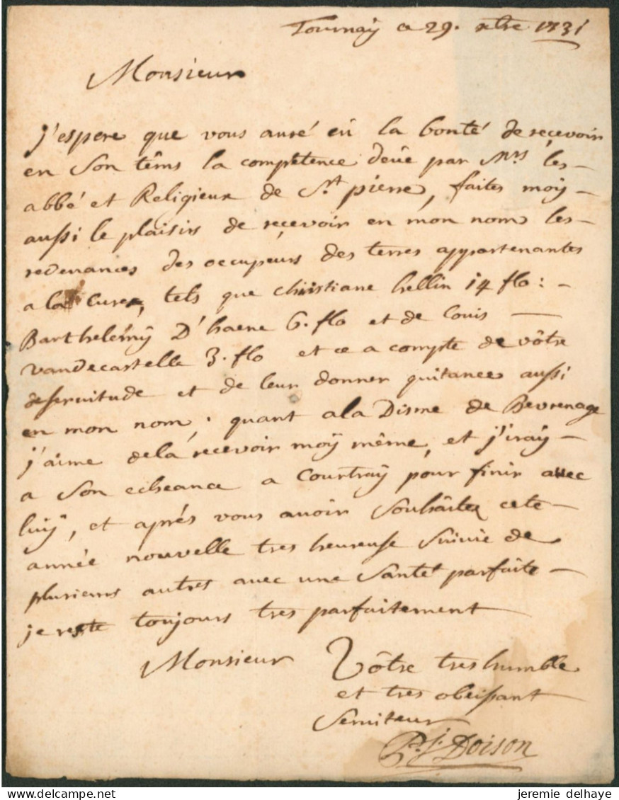 LAC Datée De Tournay (1731) Sans Marque De Départ + Manusc. "Franco Par L'expéditeur" > Beveren (prêtre) - 1714-1794 (Paises Bajos Austriacos)