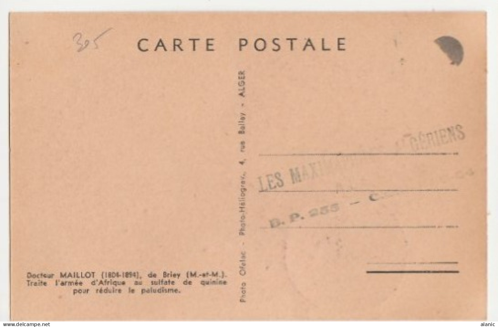 ALGERIE-Carte Maximum- N°305 LUTTE CONTRE LE CANCER-DT MAILLOT-3 MARS 1958 - Cartoline Maximum