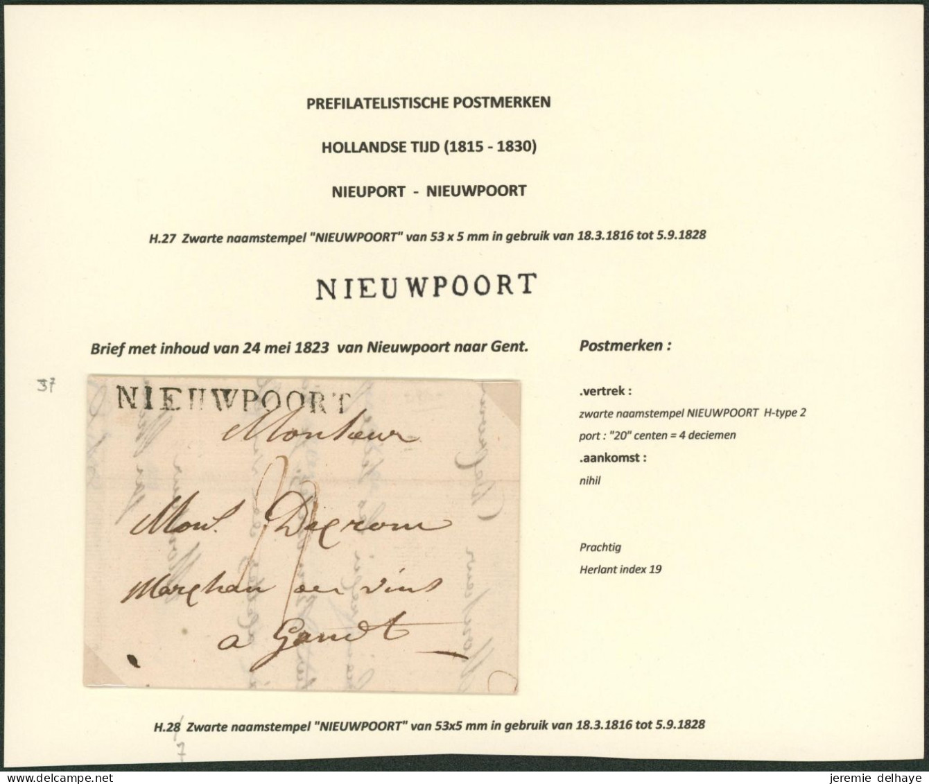 Précurseur - LAC Datée De Nieuwpoort (1823) + Obl Linéaire NIEUWPOORT, Port 20ctm > Gent, Marchand De Vins. - 1815-1830 (Hollandse Tijd)