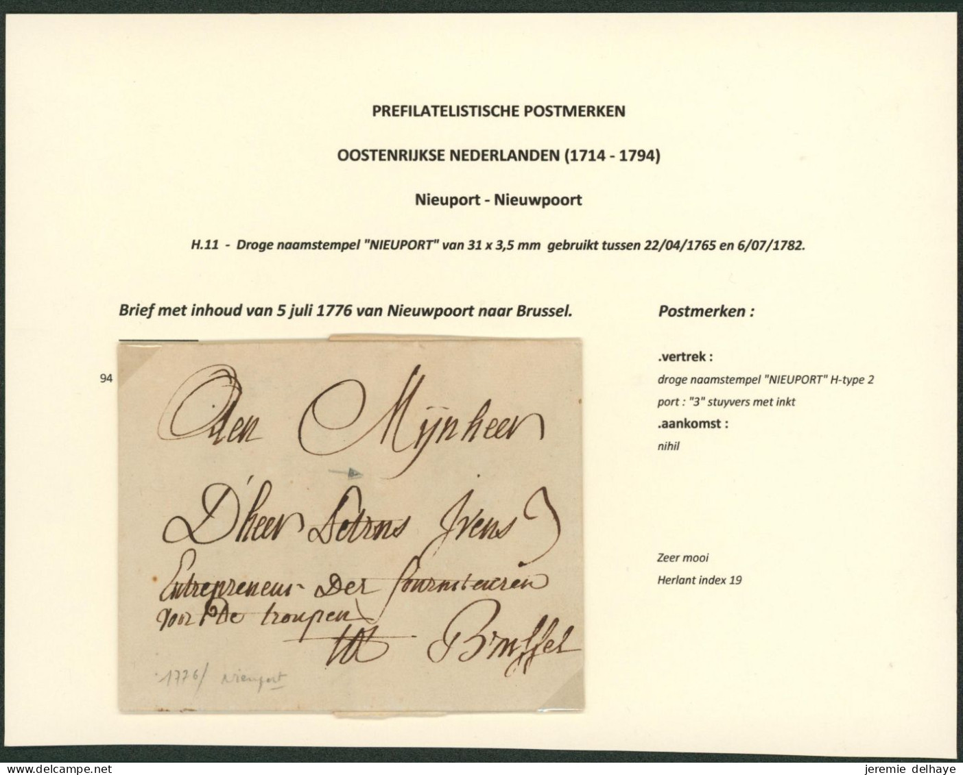 Précurseur - LAC Datée De Nieuport (1776, Nieuwpoort) + Griffe En Creux NIEUPORT, Port 3 Stuyvers > Brussel - 1714-1794 (Paises Bajos Austriacos)