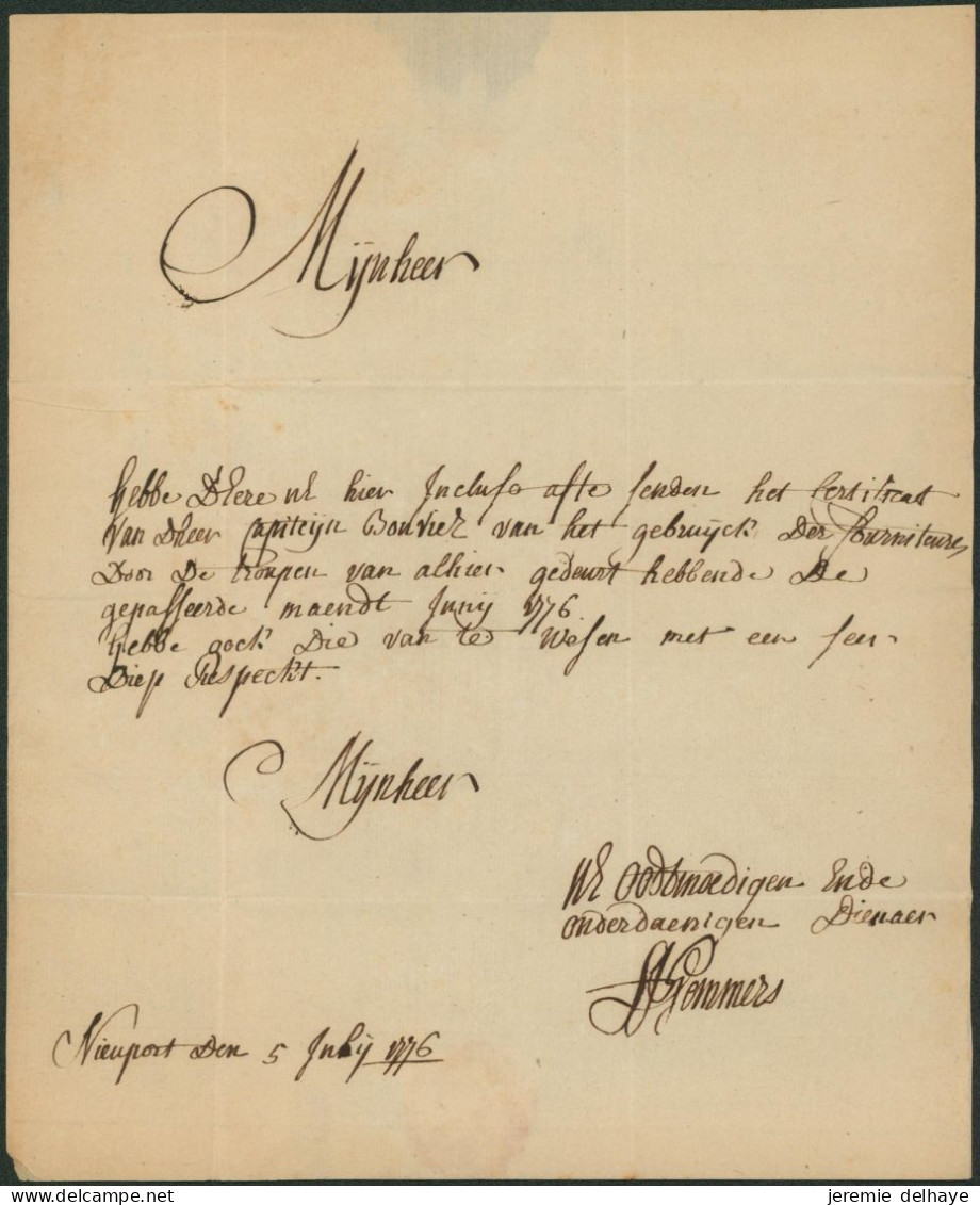 Précurseur - LAC Datée De Nieuport (1776, Nieuwpoort) + Griffe En Creux NIEUPORT, Port 3 Stuyvers > Brussel - 1714-1794 (Paises Bajos Austriacos)