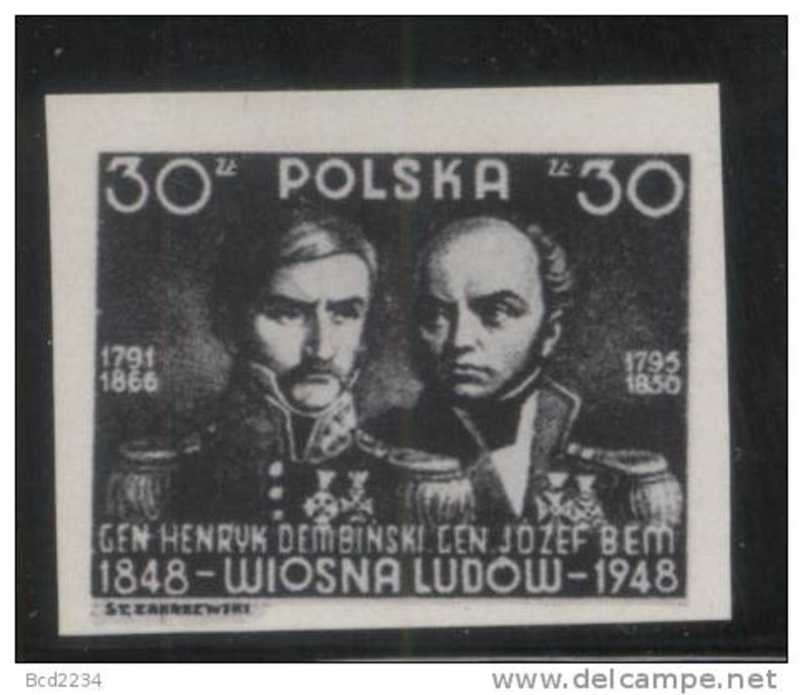 POLAND 1948 100TH ANNIV 1848 POLISH UPRISING REVOLUTION  BLACK PRINT NHM Spring Of Nations Generals Bem Dembinski Army - Probe- Und Nachdrucke