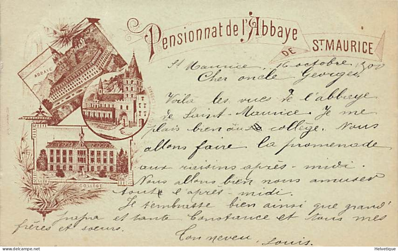 Litho Pensionnat De L'Abbaye De St Maurice 1900 Collège Eglise - Saint-Maurice