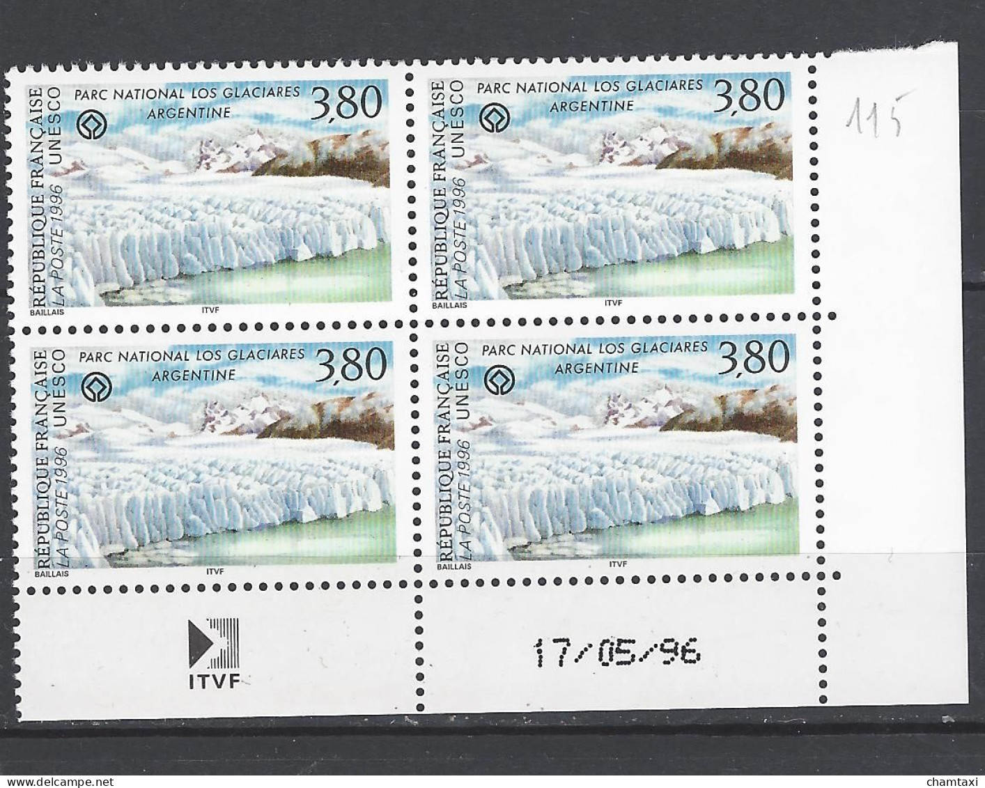 CD 115 FRANCE 1996 TIMBRE SERVICE UNESCO PARC NATIONAL LOS GLACIARES ARGENTINE  COIN DATE 115 : 17 / 5 / 96 - Dienstzegels