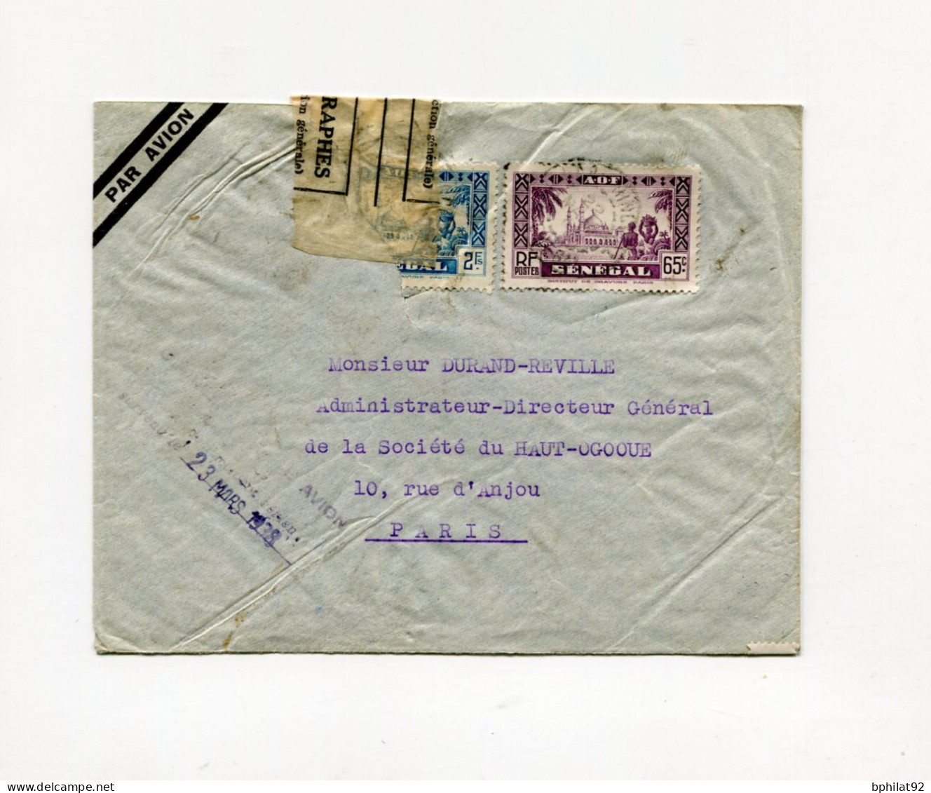 !!! LETTRE DU SENEGAL POUR PARIS RESCAPEE DE L'ACCIDENT DU PIC DE CINQ CROIX DU 23/3/1938 - Lettere Accidentate