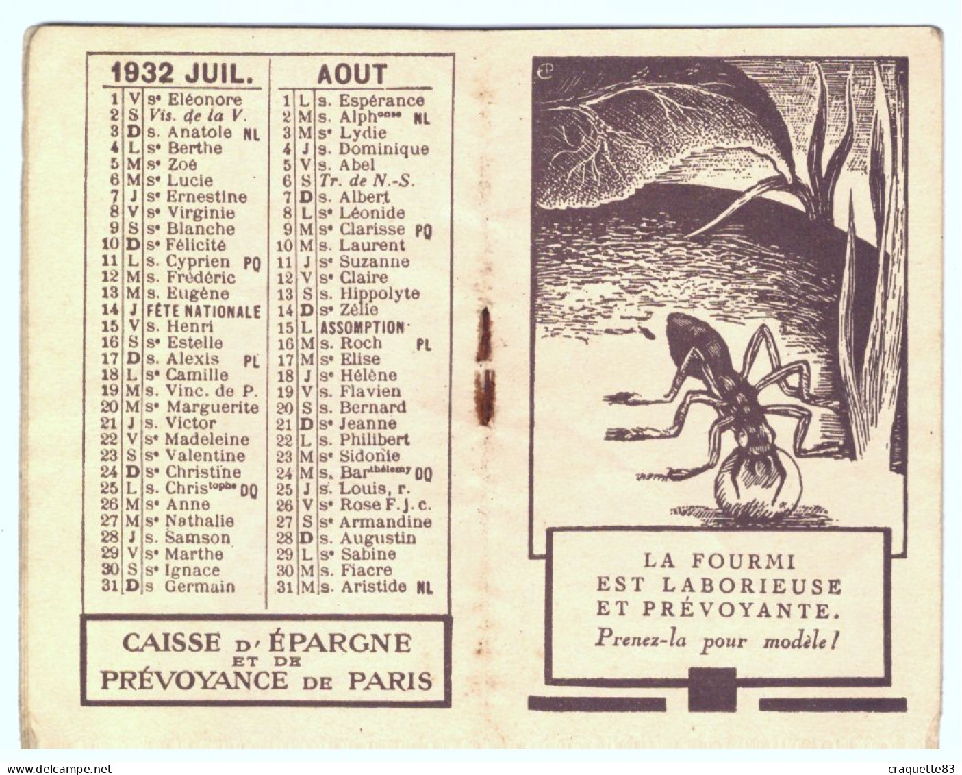 CALENDRIER-CAISSE D'EPAGNE ET DE PREVOYANCE DE PARIS -1932-CAISSE CENTRALE - Petit Format : 1921-40