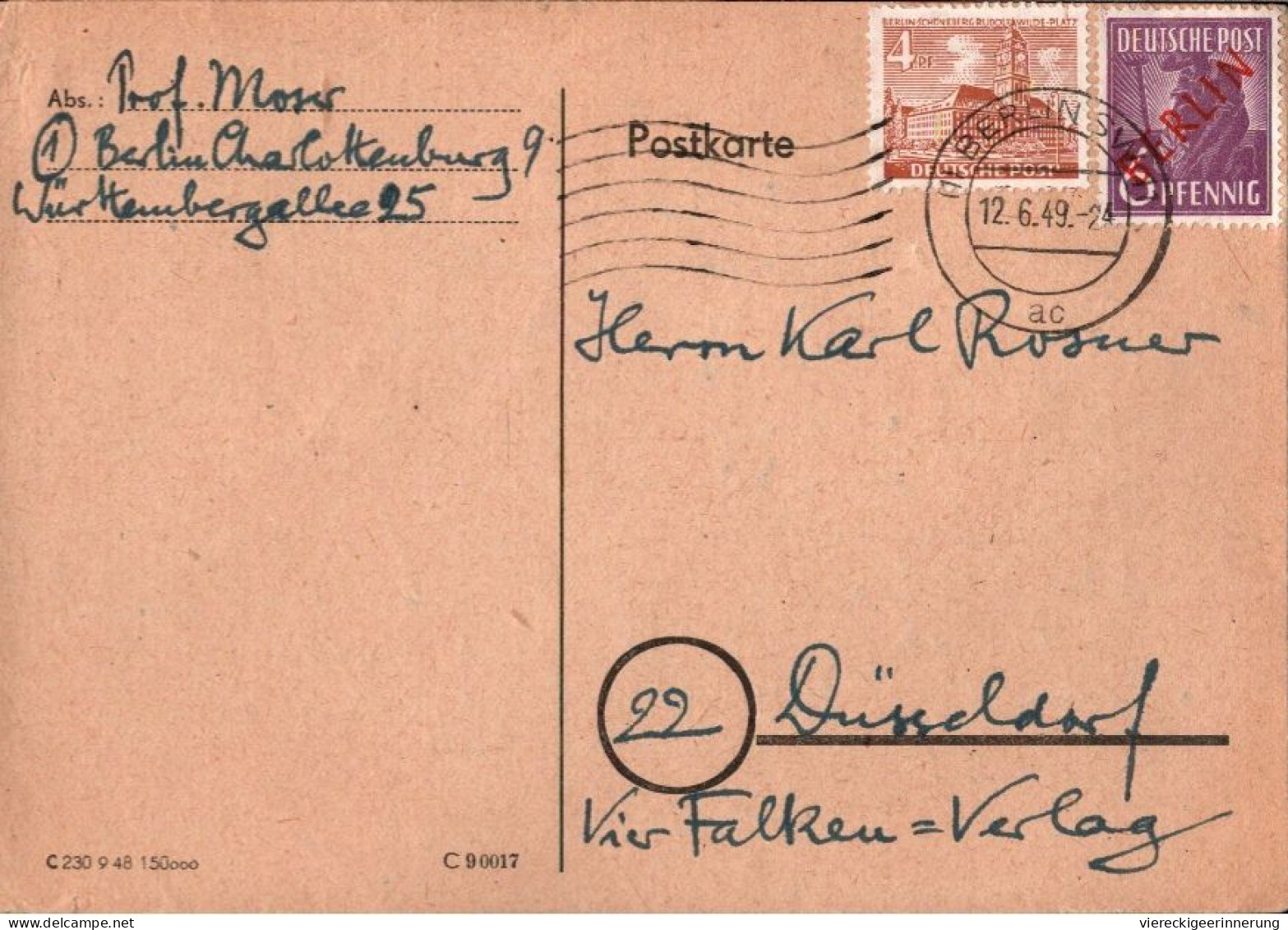 ! 1949 Berlin Rotaufdruck, Charlottenburg, Autograph Prof. Hans Joachim Moser, Musikwissenschaftler - Storia Postale