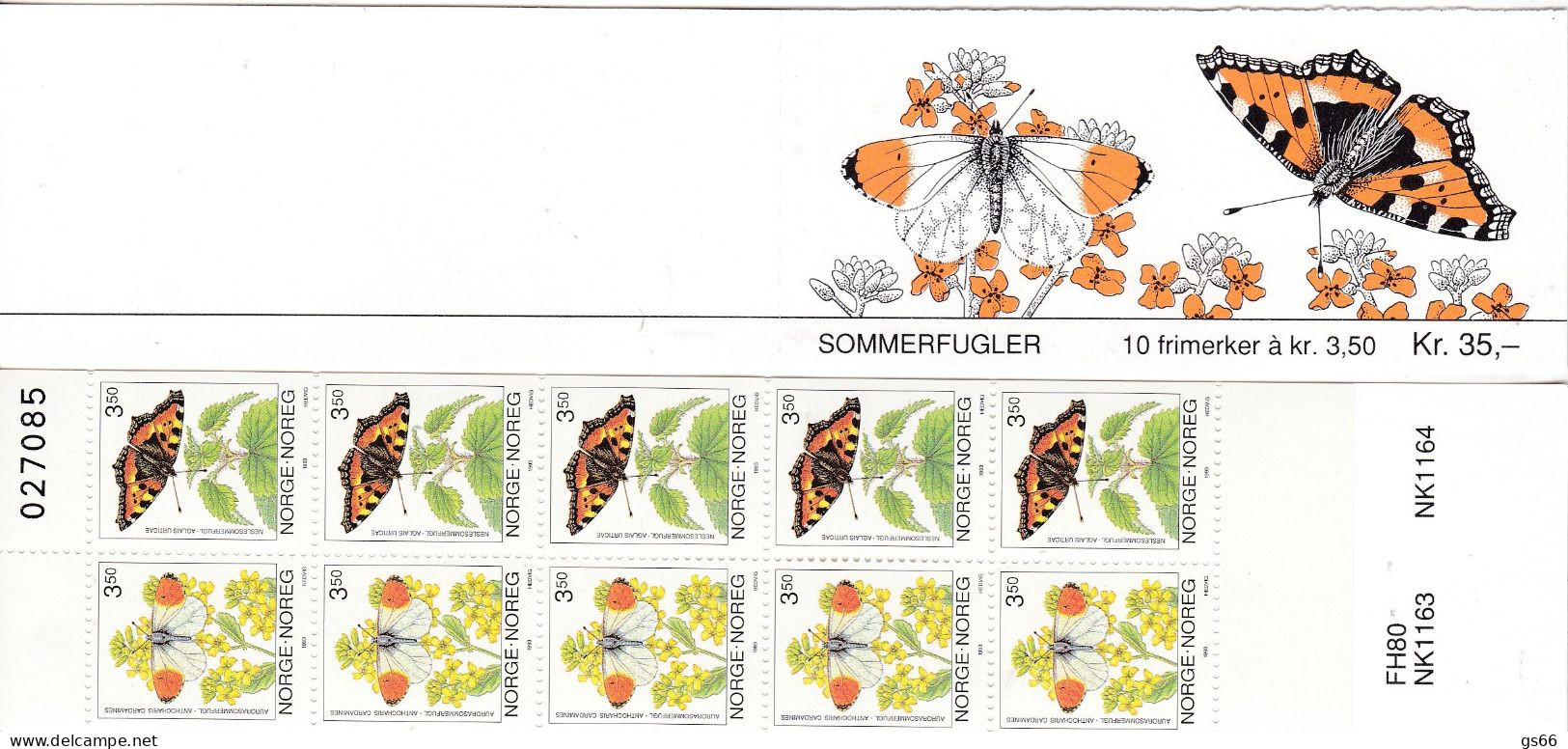 Norge, 1993. 1114/15, Booklet 20, MNH **, Schmetterlinge.  Control Number - Carnets