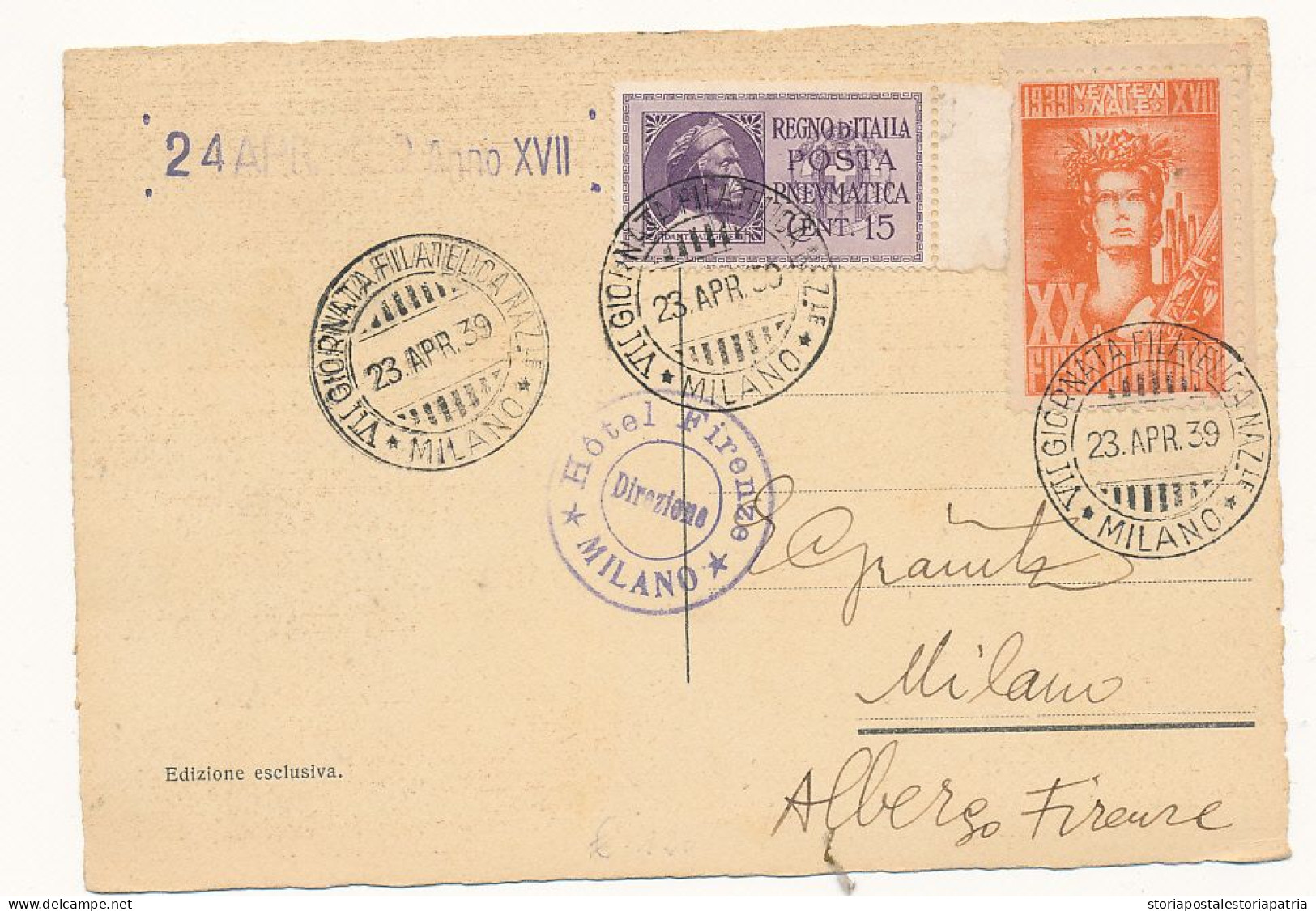 1939 MILANO VII GIRONATA FILATELICA NAZIONALE POSTA PNEUMATICA 0,15 + BEL ERINNOFILO VENTENNALE - Correo Neumático