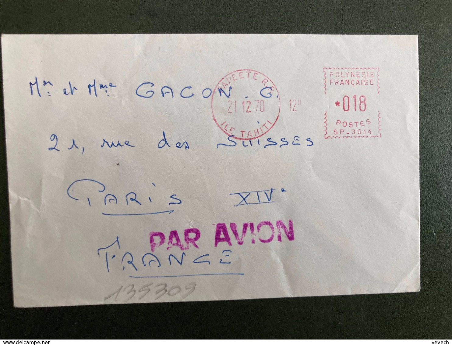 LETTRE Par Avion Pour La FRANCE EMA SP 3014 à 018 Du 21 12 70 PAPEETE RP ILE TAHITI - Storia Postale