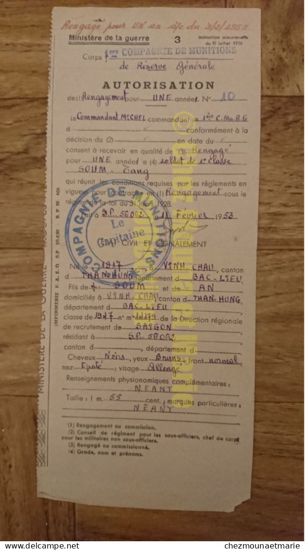 1953 SP56062 AUTORISATION RENGAGEMENT SOLDAT SOUM TANG NE A VINH CHAU EN 1917 1ERE COMPAGNIE DE MUNITIONS - Documenti