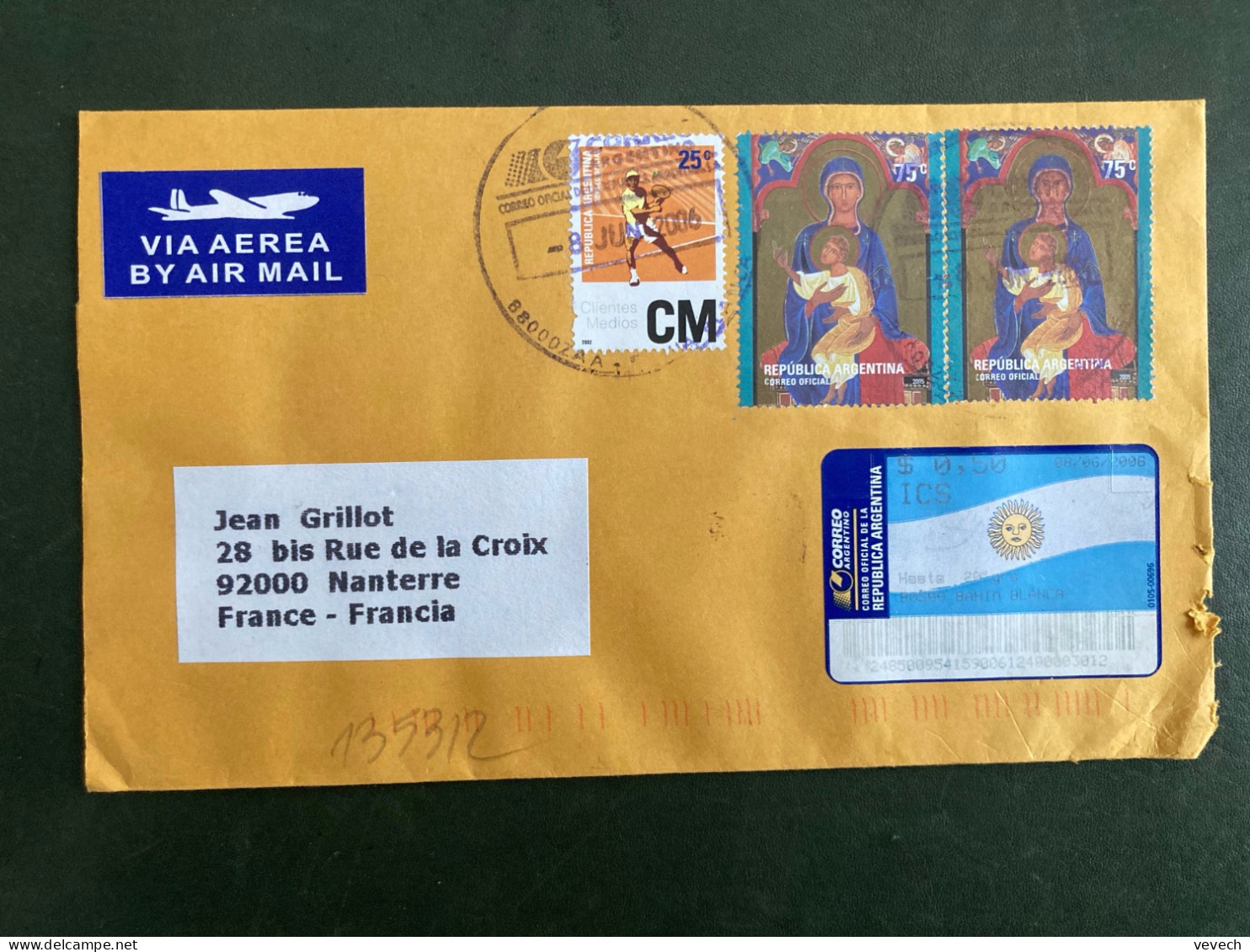 LR Par Avion Pour La FRANCE TP VIERGE ET JESUS 75c X2 + TENNIS 25c X2 + CLTURA TAFI 75c + UP 75c OBL;8 JUNE 2006 - Lettres & Documents