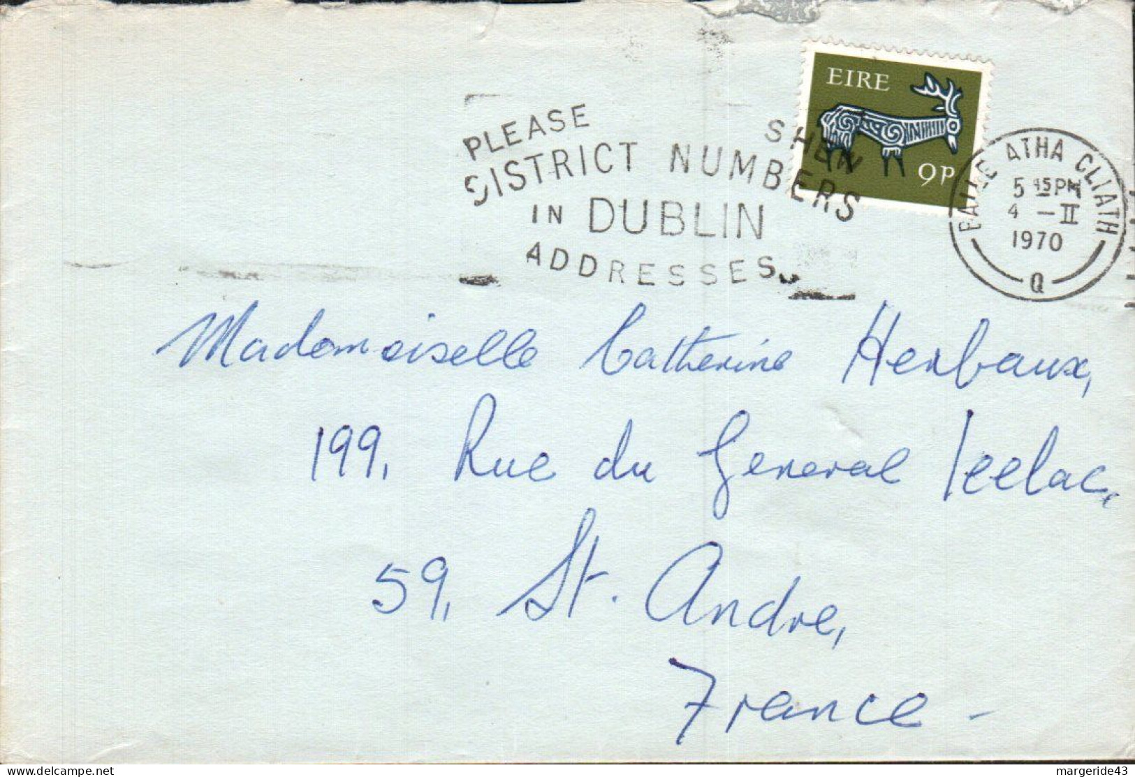 IRLANDE SEUL SUR LETTRE POUR LA FRANCE 1970 - Cartas & Documentos