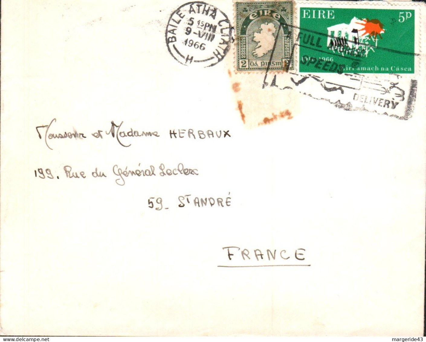 IRLANDE AFFRANCHISSEMENT COMPOSE SUR LETTRE POUR LA FRANCE 1966 - Covers & Documents