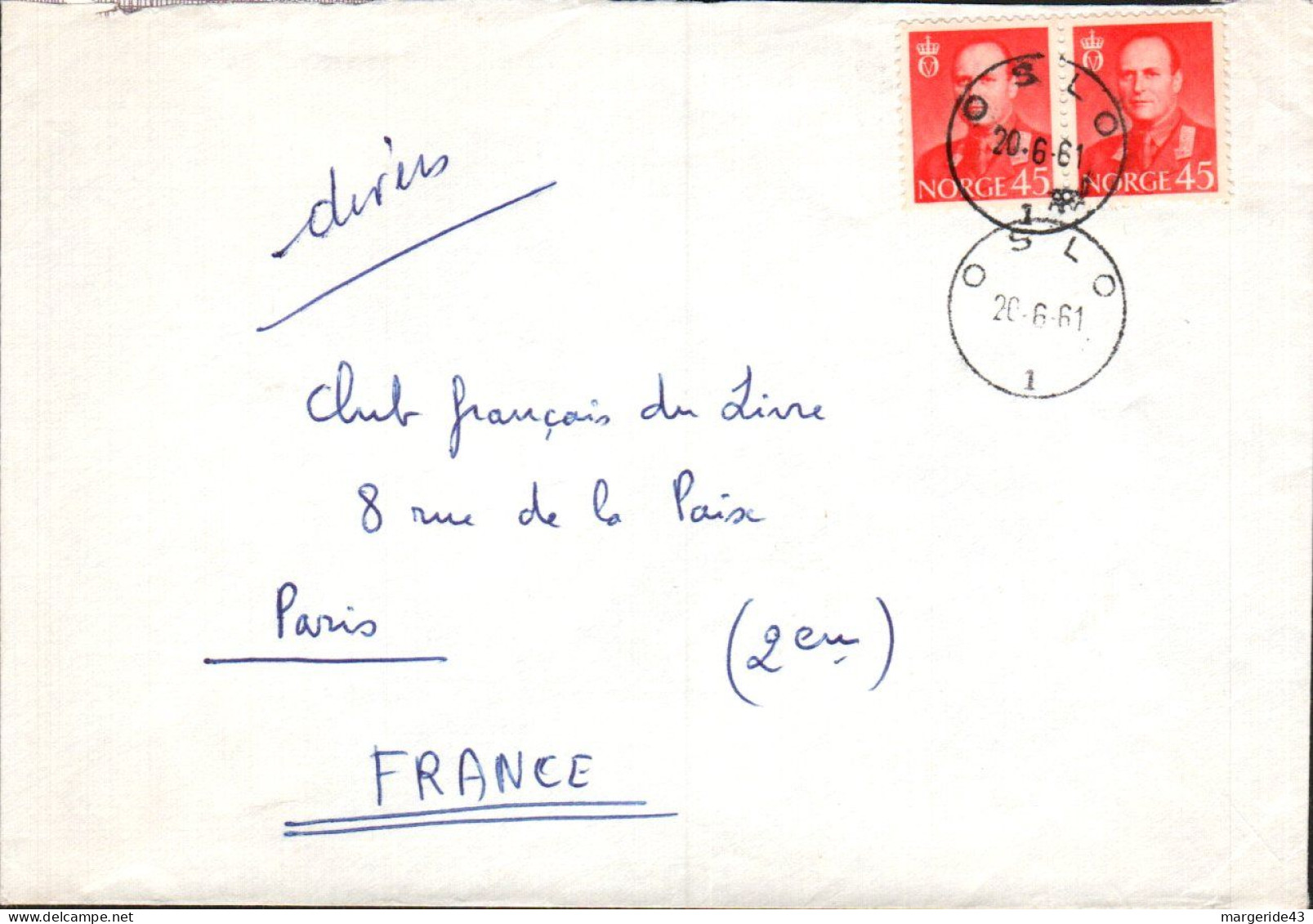 NORVEGE AFFRANCHISSEMENT COMPOSE SUR LETTRE POUR LA FRANCE 1961 - Storia Postale