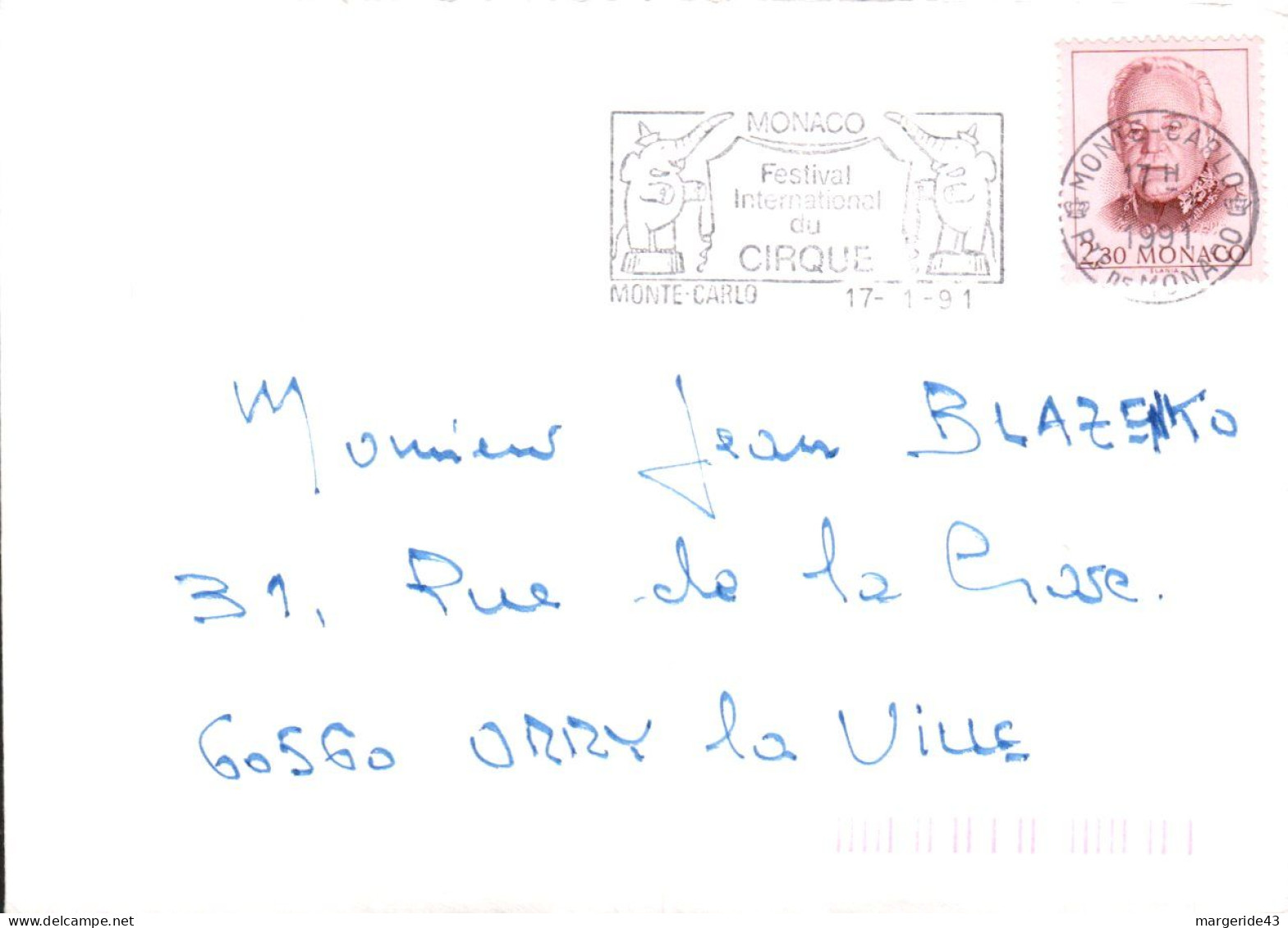 MONACO SEUL SUR LETTRE POUR LA FRANCE 1989 - Lettres & Documents