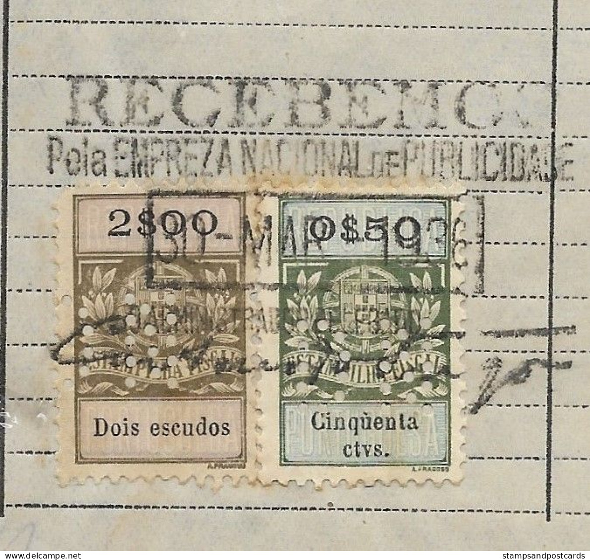 Portugal Timbre Fiscale Perforé DN Diario De Noticias Publicité Journal 1936 Perfin DN Revenue Stamp Newspaper Pub - Briefe U. Dokumente