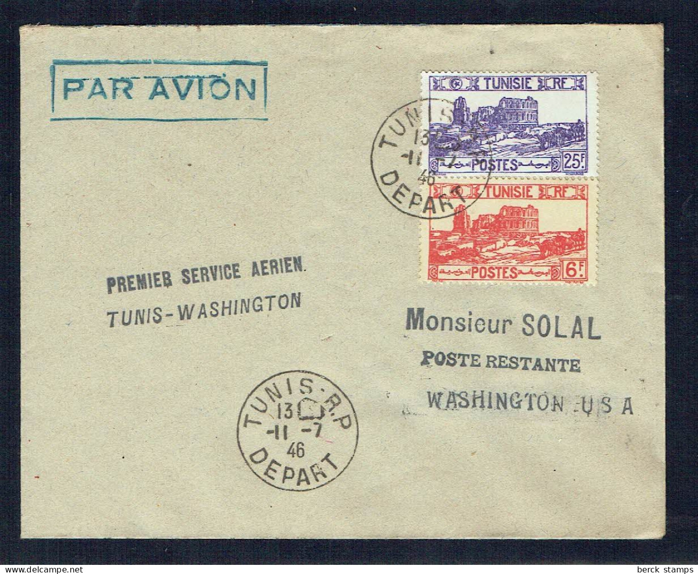 TUNISIE - 1er Service Aérien - TUNIS-WASHINGTON - Oblitéré à 31 F - Tunis-R P - Départ Du 11/7/46 - - Poste Aérienne