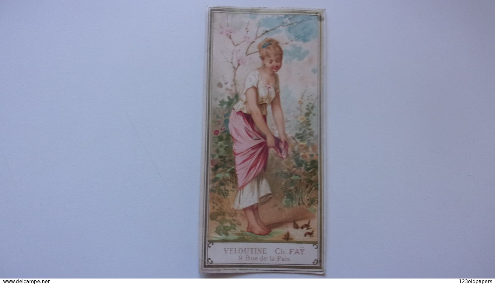 Très Beau Marque-Page.Chromo.Carte Parfumerie Ch. FAY. Femme Art Nouveau.VELOUTINE FAY. PETITS OISEAUX - Other & Unclassified