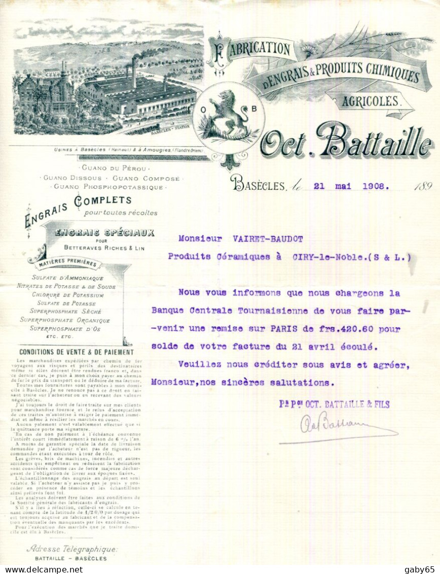 FACTURE.BELGIQUE.BASÈCLES.AMOUGIES.FABRICATION D'ENGRAIS & PRODUITS CHIMIQUES AGRICOLES.OCT.BATAILLE. - Agriculture