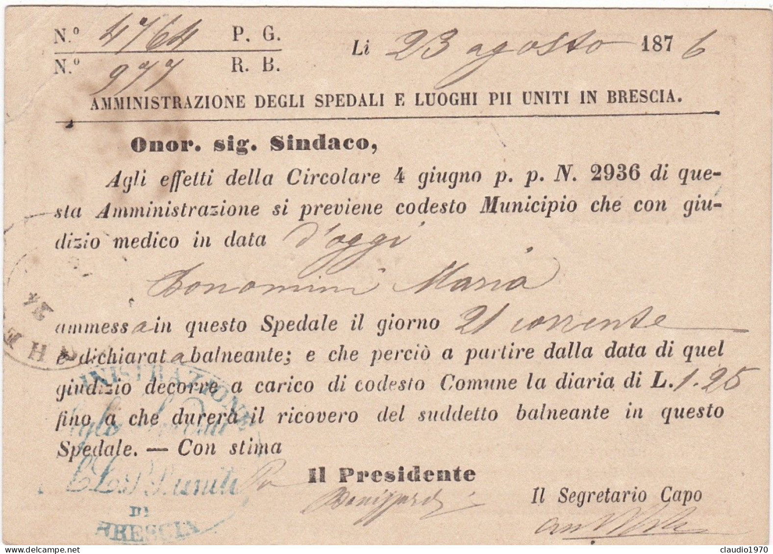 ITALIA - REGNO - RE VITTORIO EMANUELE II -  BRESCIA -  CARTOLINA POSTALE C. 10 -  VIAGGIATA PER GHEDI (BRESCIA) 1876 - Entero Postal