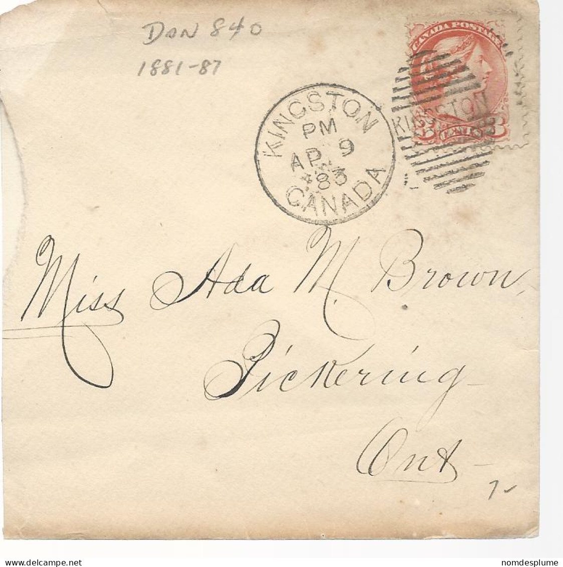 23163) Canada Kingston Postmark Cancel  Duplex Queen 1883 Partial Cover  - Briefe U. Dokumente